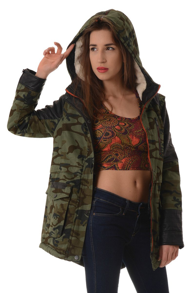 Damska Zimowa Kurtka Parka Płaszcz Moro Zielona