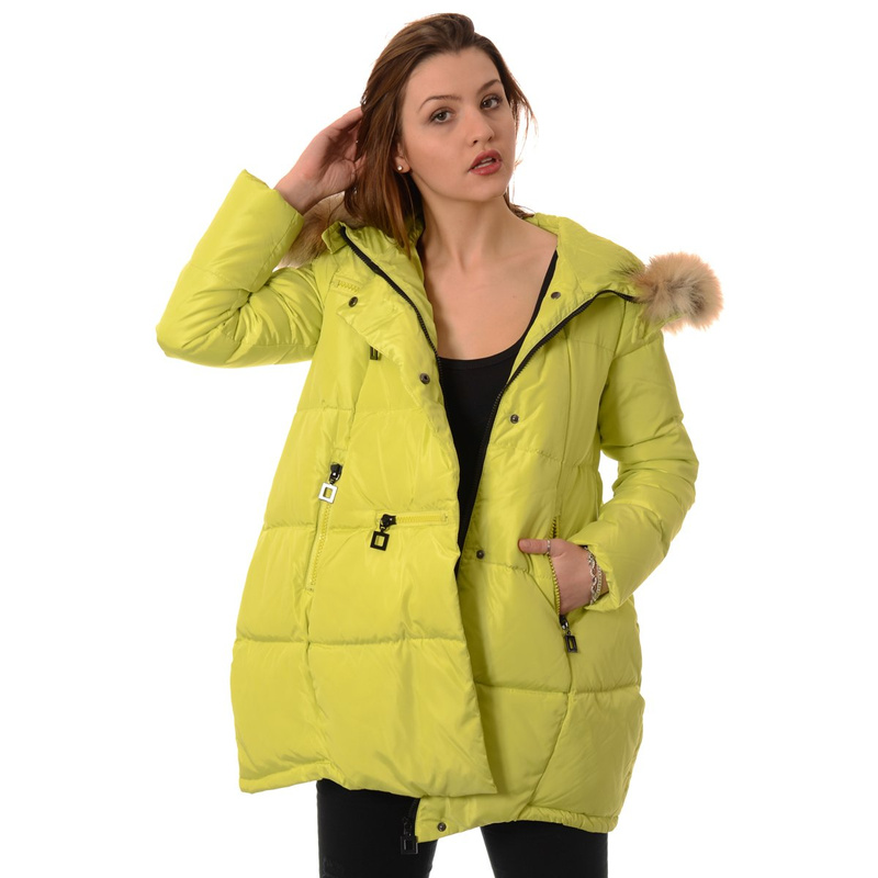 Puchowa Kurtka Zimowa Naturalne Futro Limonkowa