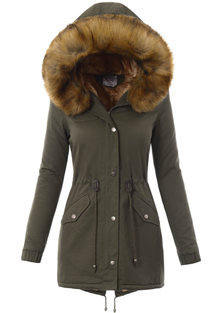 Piękna Damska Kurtka Parka Iwet Zielona Z Brązowym Futerkiem