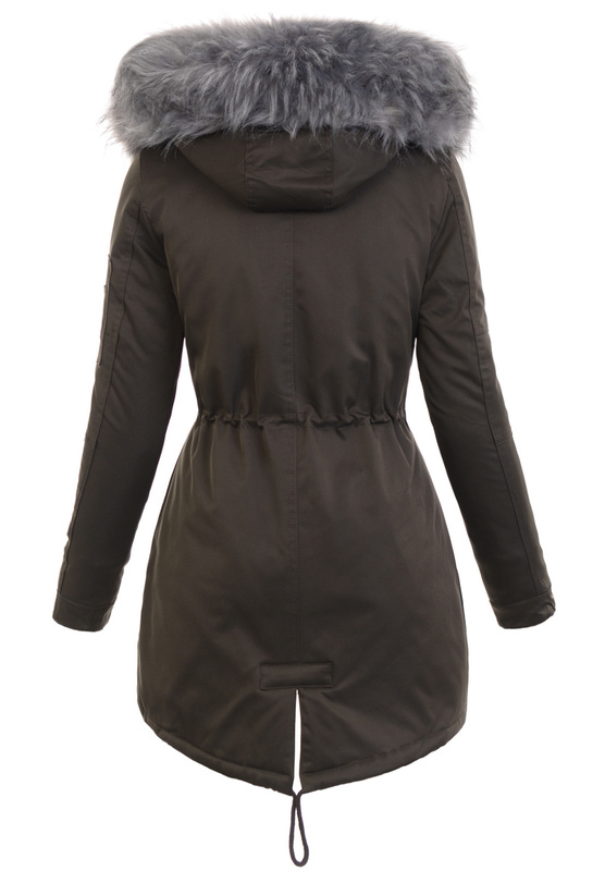 Parka Zimowa Martyna Khaki z Szarym Futerkiem