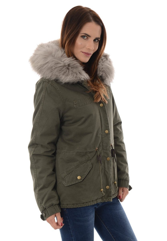 Piękna Damska Kurtka Parka Lora Zielona z Szarym Futerkiem