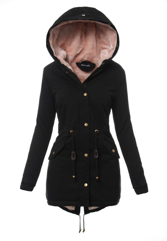 Piękna Damska Kurtka Parka Iwet Czarna z Różowym Futerkiem