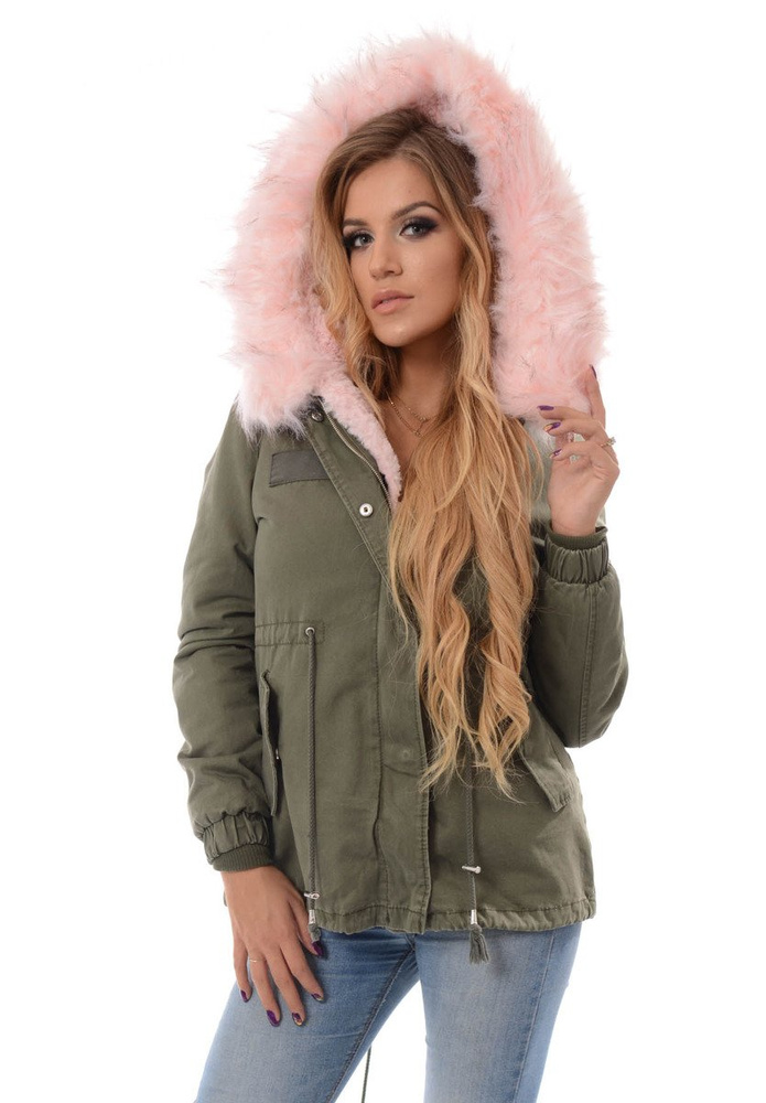 Damska Kurtka Parka Zimowa 2w1 Edyta Zielona z Różowym Futerkiem