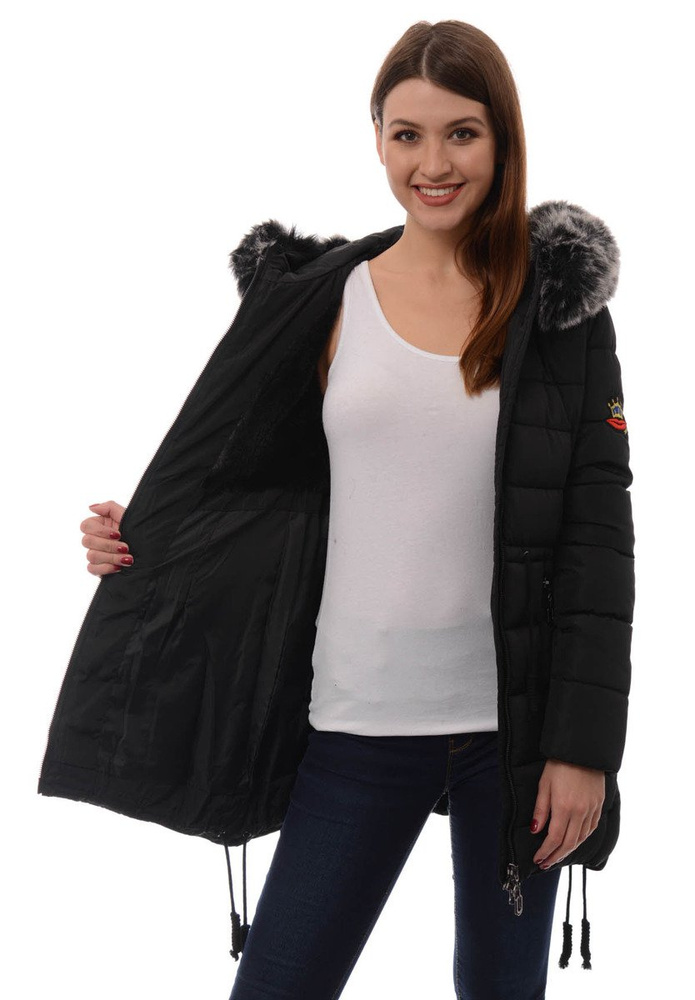 Damska Długa Zimowa Kurtka Ortalionowa Daga Czarna