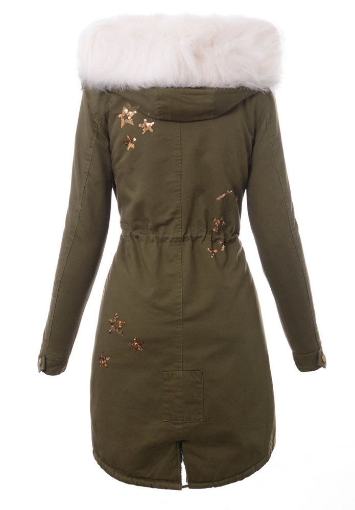 Piękna Damska Kurtka Parka Zielona z Białym Futerkiem