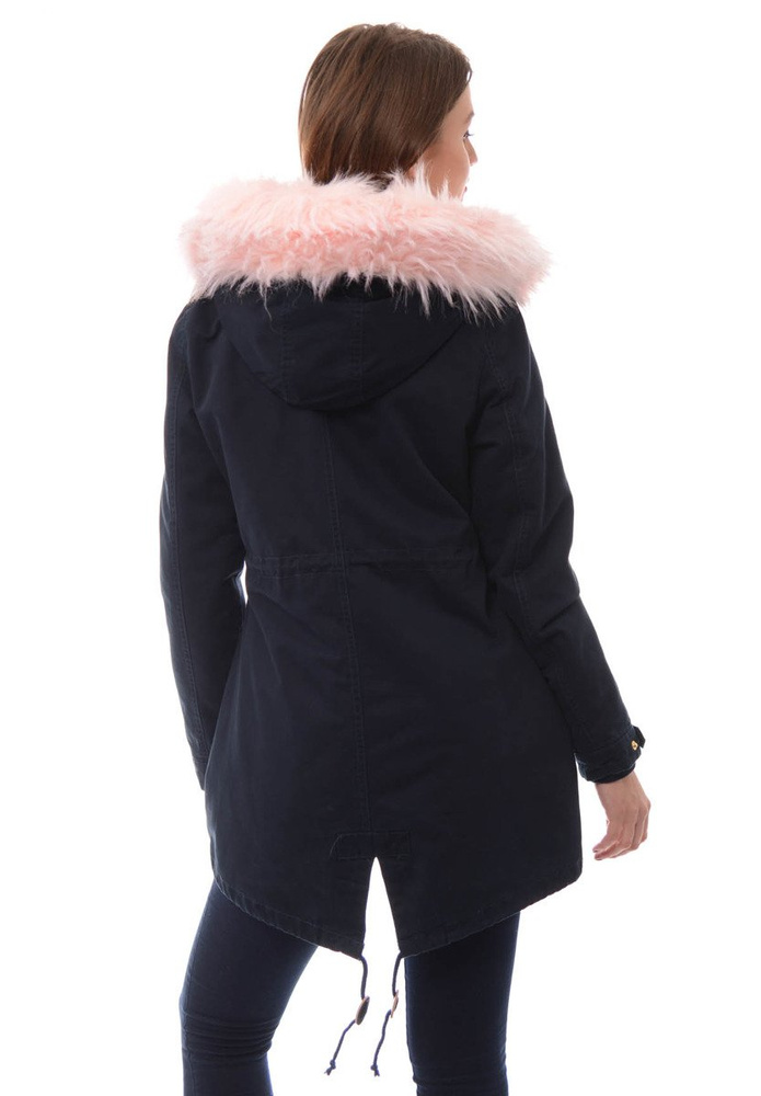 Damska Kurtka Parka Zimowa 2w1 Granatowa Z Różowym Futerkiem