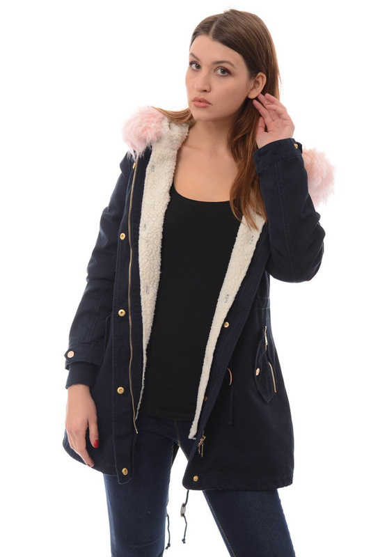 Damska Kurtka Parka Zimowa 2w1 Granatowa Z Różowym Futerkiem