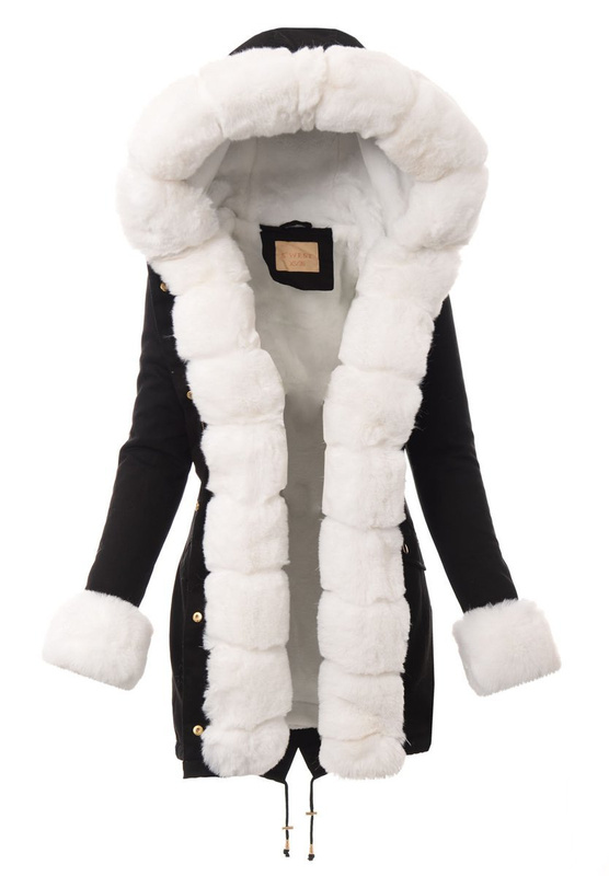 Damska Kurtka Parka Zimowa Marika Czarna Z Białym Futrem