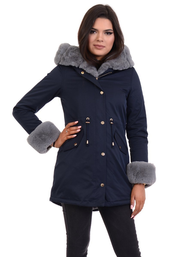 Damska Kurtka Parka Zimowa Wanessa Granatowa Z Szarym Futerkiem