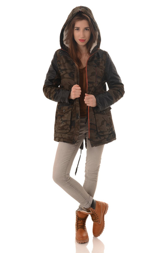 Damska Zimowa Kurtka Parka Płaszcz Moro Oliwkowa