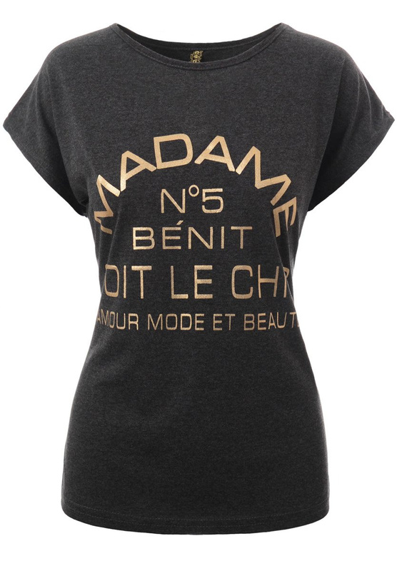 Damska Koszulka Krótki Rękaw T-Shirt Nadruk Madame Ciemno Szara