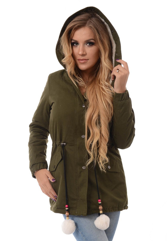 Piękna Damska Kurtka Parka Zielona z Białym Futerkiem