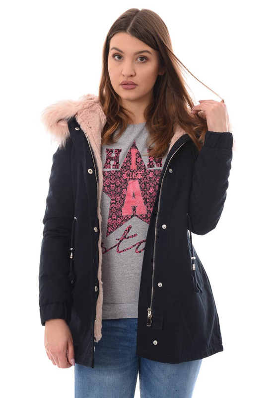 Piękna Damska Kurtka Parka 2w1 Emilia Granatowa z Różowym Futerkiem