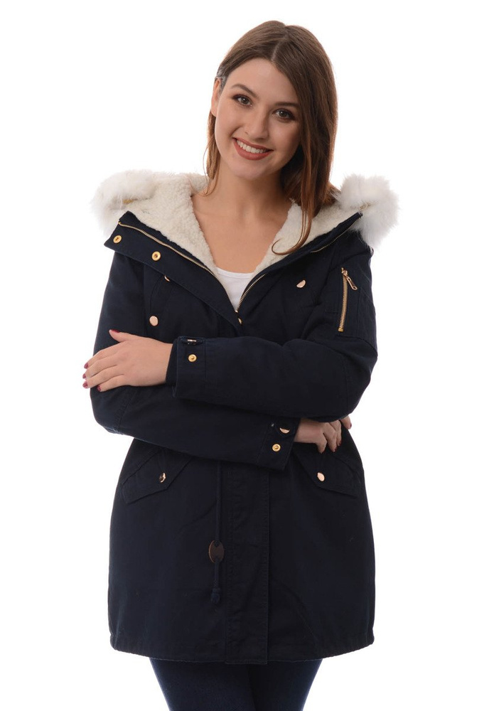 Damska Kurtka Parka Zimowa 2w1 Mila Granatowa Z Białym Futerkiem