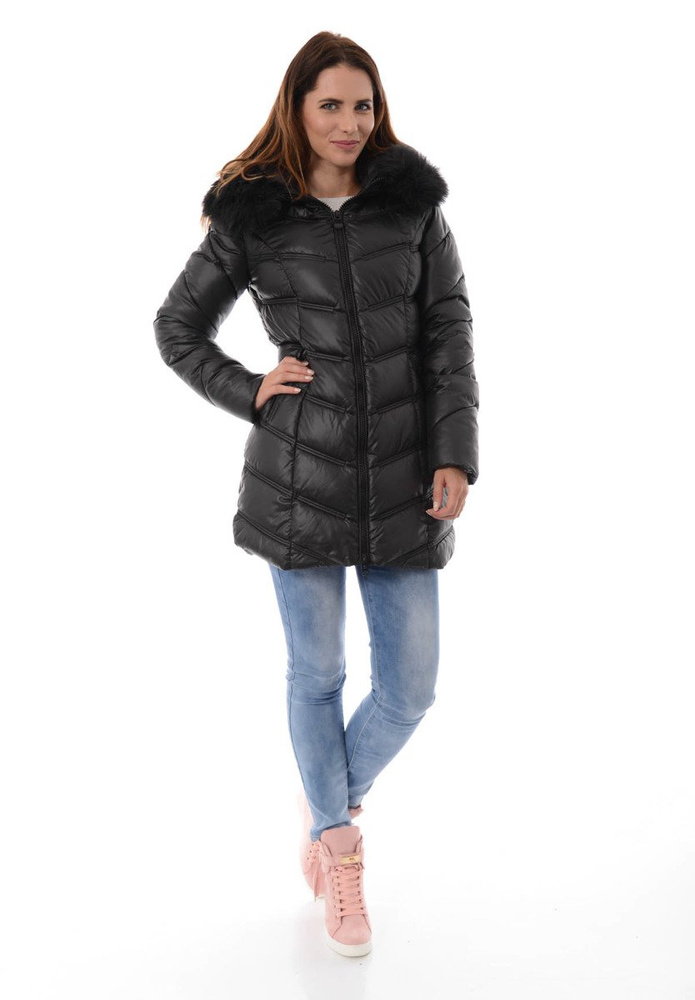 Damska Długa Zimowa Kurtka Ortalionowa Czarna
