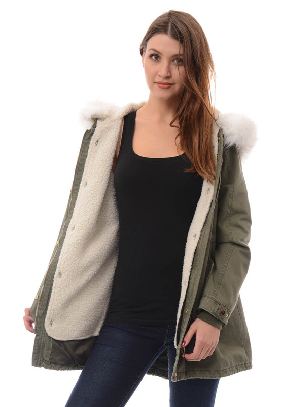 Damska Kurtka Parka Zimowa 2w1 Zielona z Białym Futerkiem