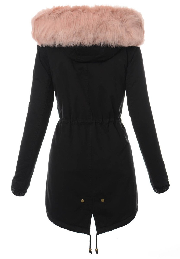 Piękna Damska Kurtka Parka Iwet Czarna z Różowym Futerkiem