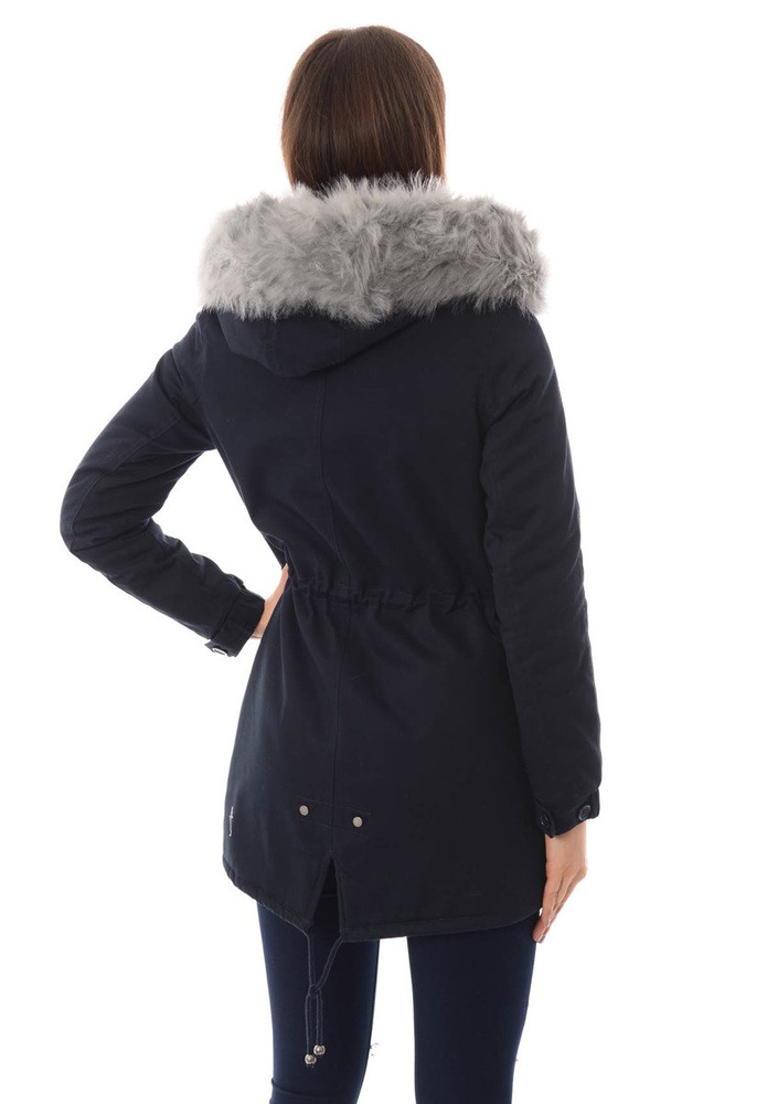 Piękna Damska Kurtka Parka Iwet Ciemno Granatowa Z Szarym Futerkiem