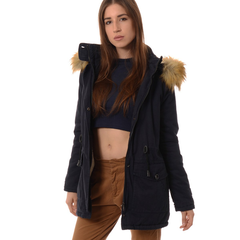 Damska Parka Kurtka Zimowa Futro Granatowa