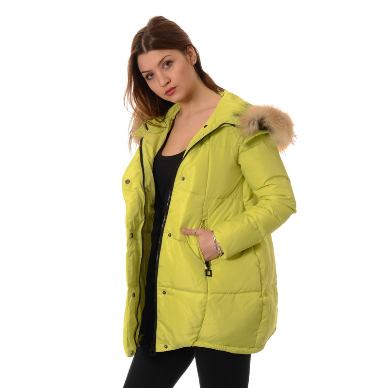 Puchowa Kurtka Zimowa Naturalne Futro Limonkowa