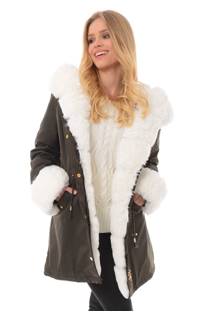 Damska Kurtka Parka Zimowa Patrycja Zielona Z Białym Futrem