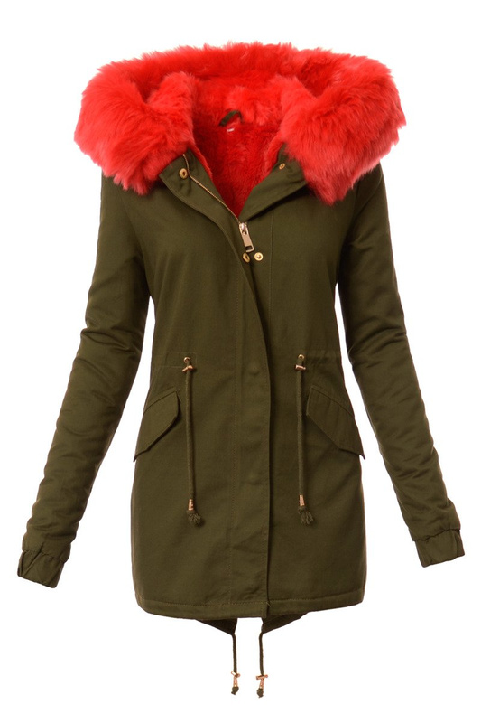 Piękna Damska Kurtka Parka Ismena z Czerwonym Futerkiem