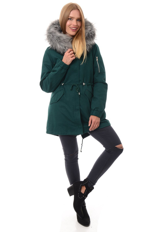 Damska Kurtka 2w1 Emilia Zielona z Szarym Futerkiem