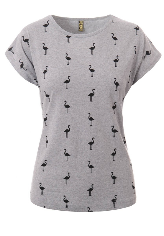 Damska Koszulka Krótki Rękaw T-Shirt Nadruk Flamingi Szara