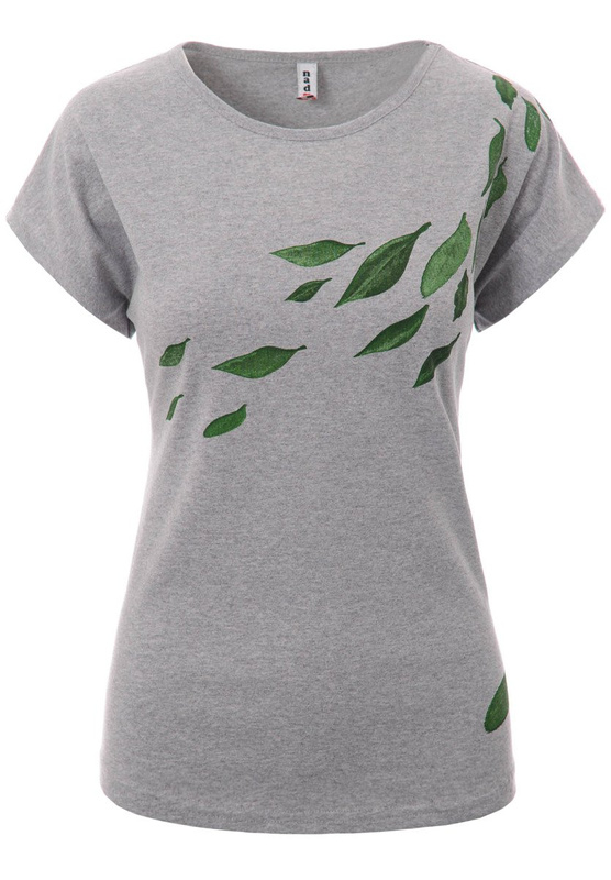 Damska Koszulka Krótki Rękaw T-Shirt Nadruk Listki Szara