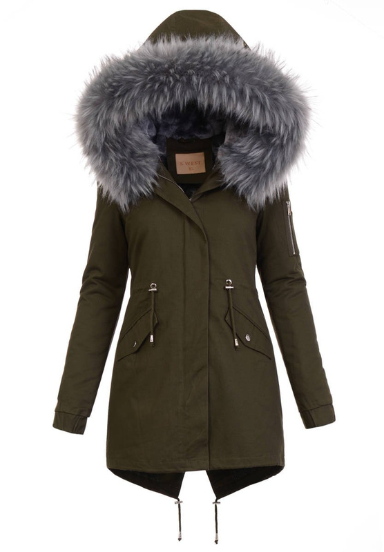 Damska Kurtka Parka 2w1 Emilia Khaki z Szarym Futerkiem