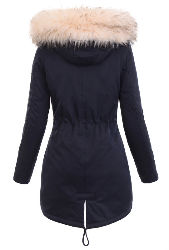 Parka Zimowa Martyna Granatowa z Futerkiem Ecru