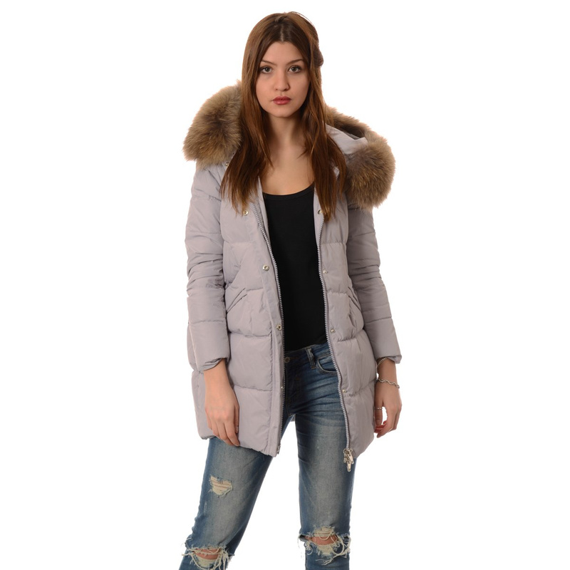 Puchowa Kurtka Zimowa Naturalne Futro Srebrna