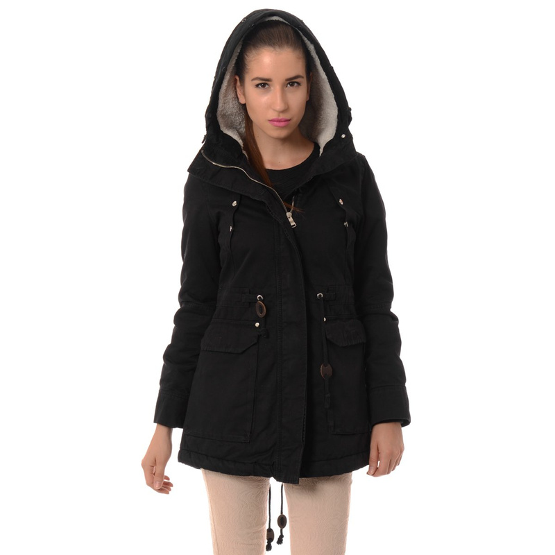 Damska Kurtka Parka Zimowa Futro Czarna
