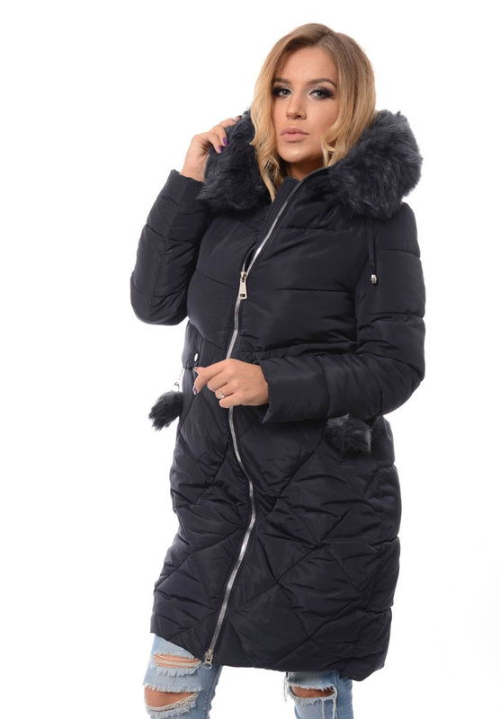 Damska Długa Zimowa Kurtka Ortalionowa Granatowa