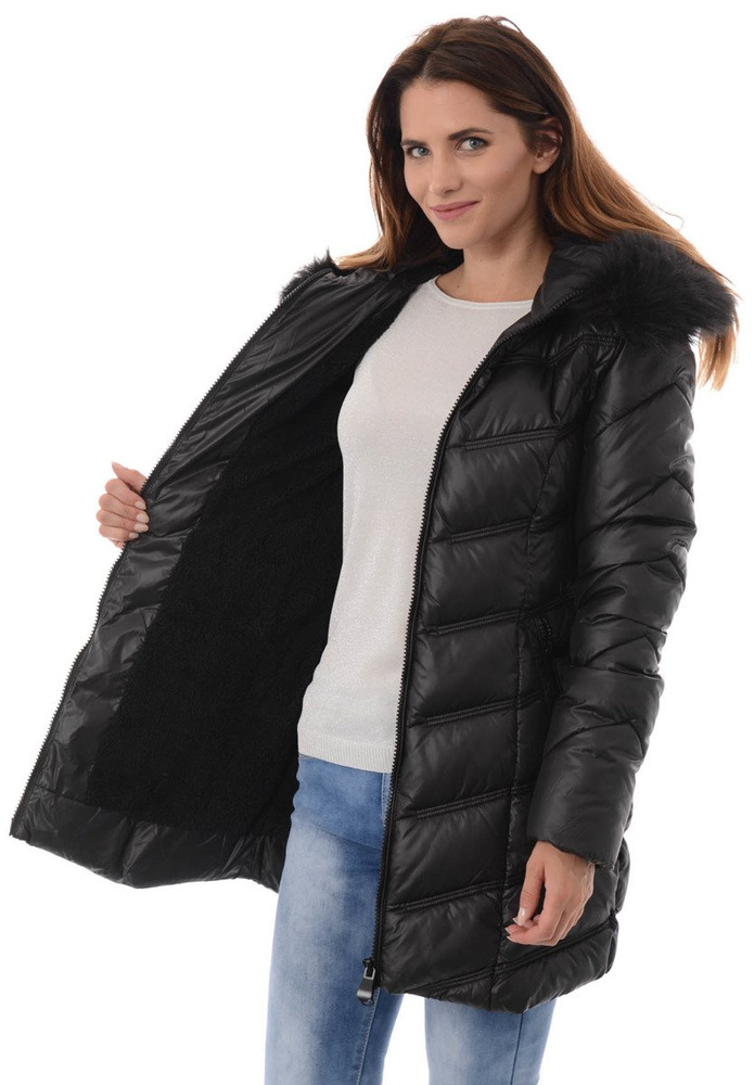 Damska Długa Zimowa Kurtka Ortalionowa Czarna