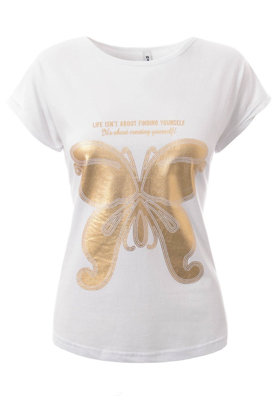 Damska Koszulka T-Shirt Krótki Rękaw Nadruk Motyl Biała