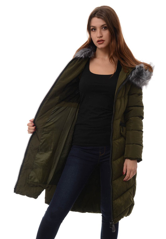 Damska Długa Zimowa Kurtka Ortalionowa Pola Zielona