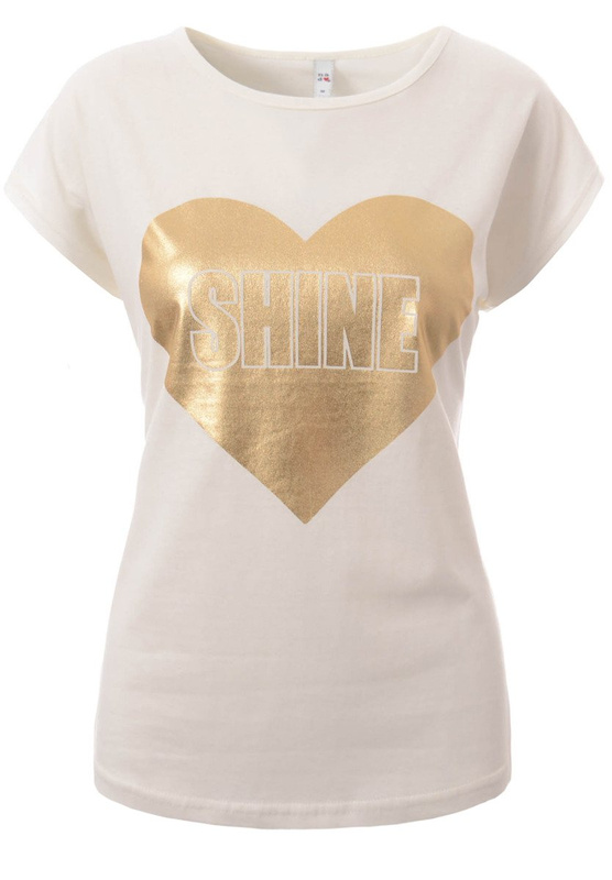 Damska Koszulka Krótki Rękaw T-Shirt Nadruk Shine Ecru
