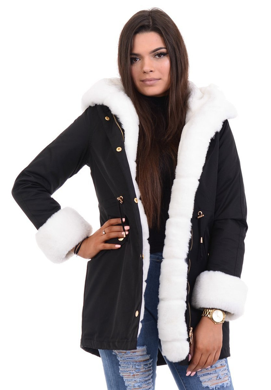 Parka Zimowa 2w1 Czarna Z Białym Futerkiem