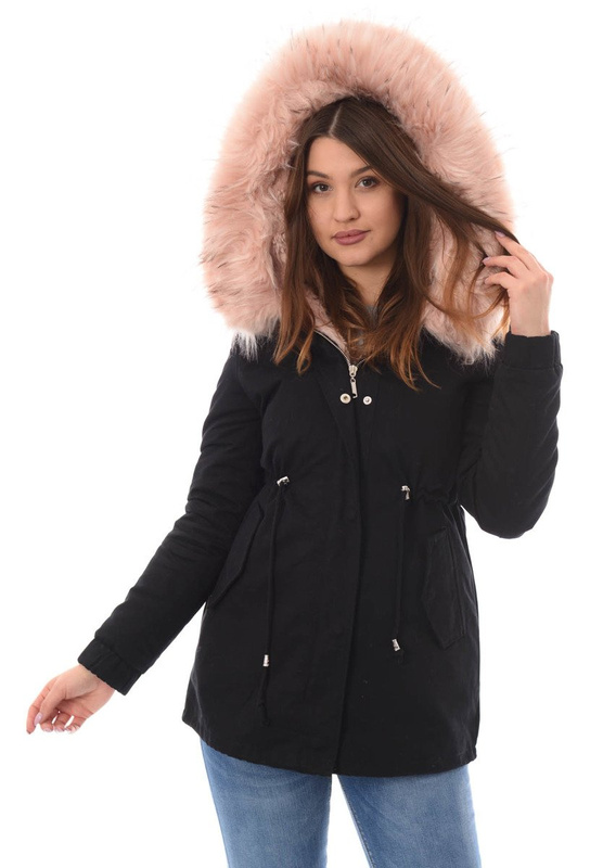 Piękna Damska Kurtka Parka 2w1 Emilia Czarna z Różowym Futerkiem