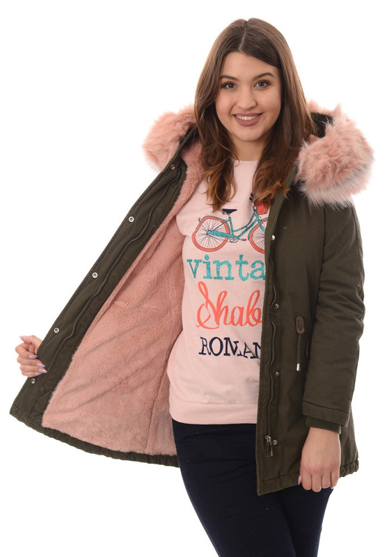 Damska Kurtka Parka Zimowa Kornela Zielona z Różowym Futerkiem