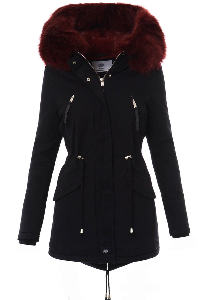 Kurtka Parka Aleksandra Czarna Z Bordowym Futrem