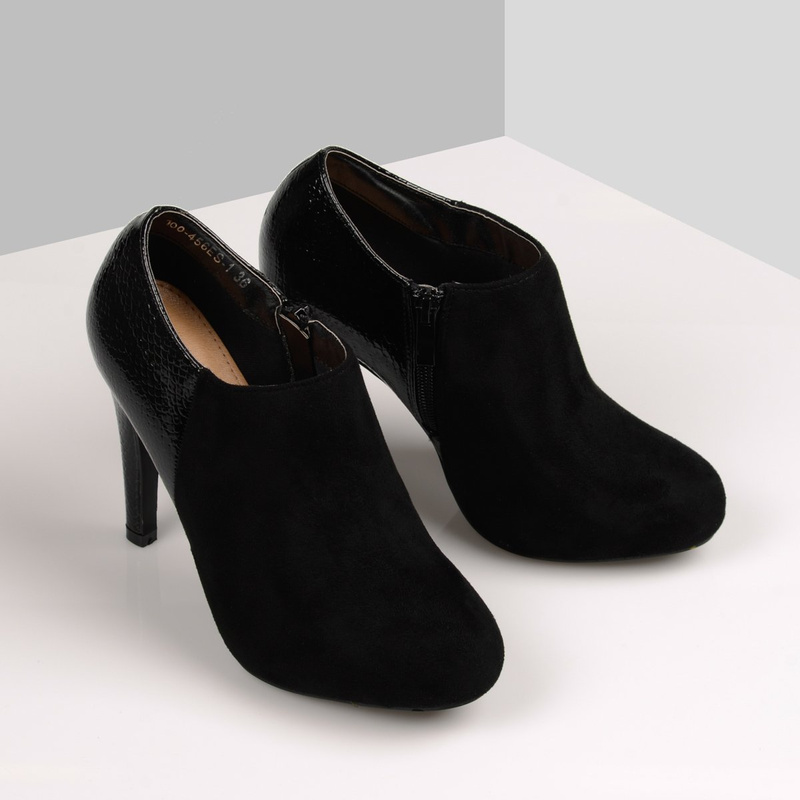 Botki Na Obcasie Welur Skóra Węża Czarne