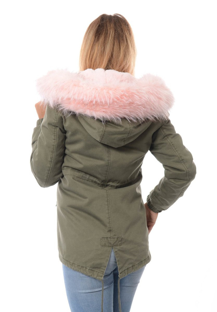 Damska Kurtka Parka Zimowa 2w1 Dominika Zielona z Różowym Futerkiem