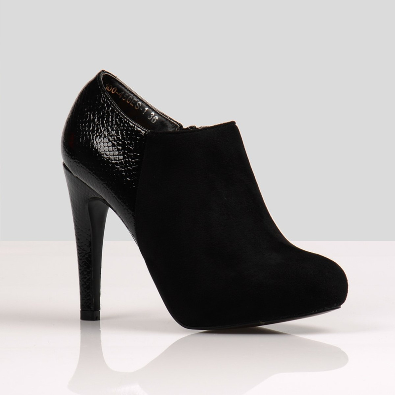 Botki Na Obcasie Welur Skóra Węża Czarne