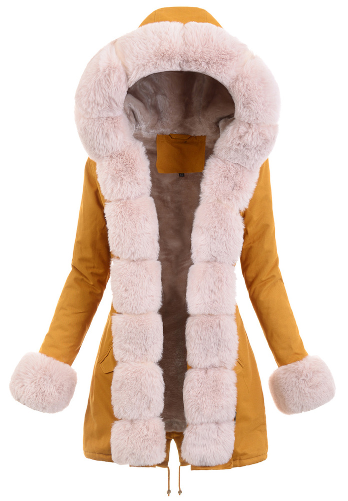 Piękna Damska Kurtka Parka Estera Żółta z Futerkiem Ecru