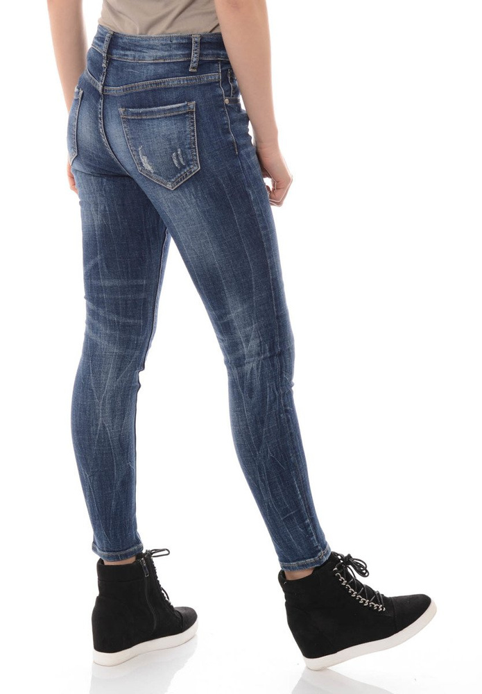 Damskie Spodnie Jeansy Przetarcia Rurki Granatowe