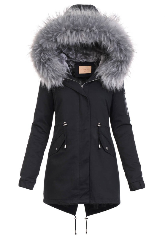 Damska Kurtka Parka 2w1 Emilia Czarna z Szarym Futerkiem