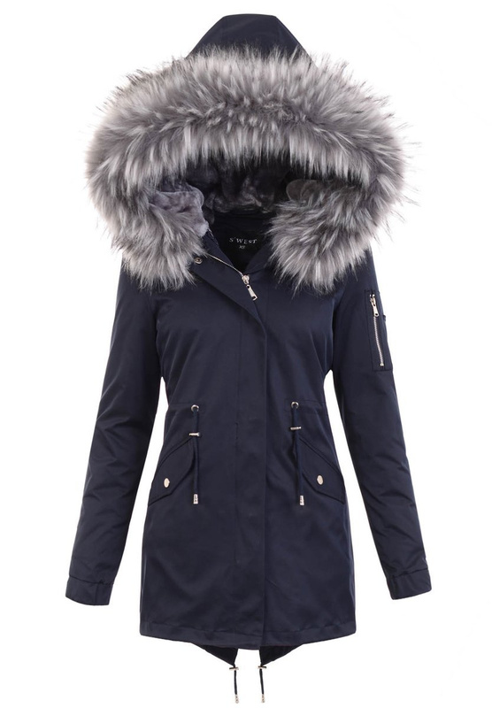 Damska Kurtka Parka 2w1 Dagmara Granatowa z Szarym Futerkiem