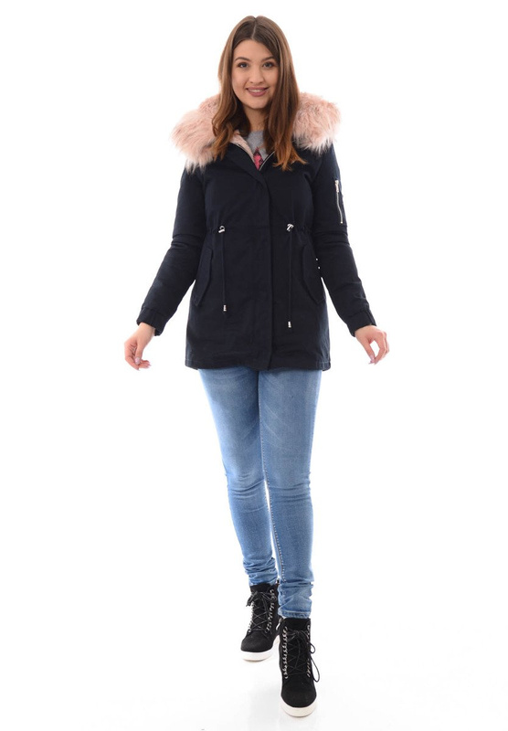 Piękna Damska Kurtka Parka 2w1 Emilia Granatowa z Różowym Futerkiem